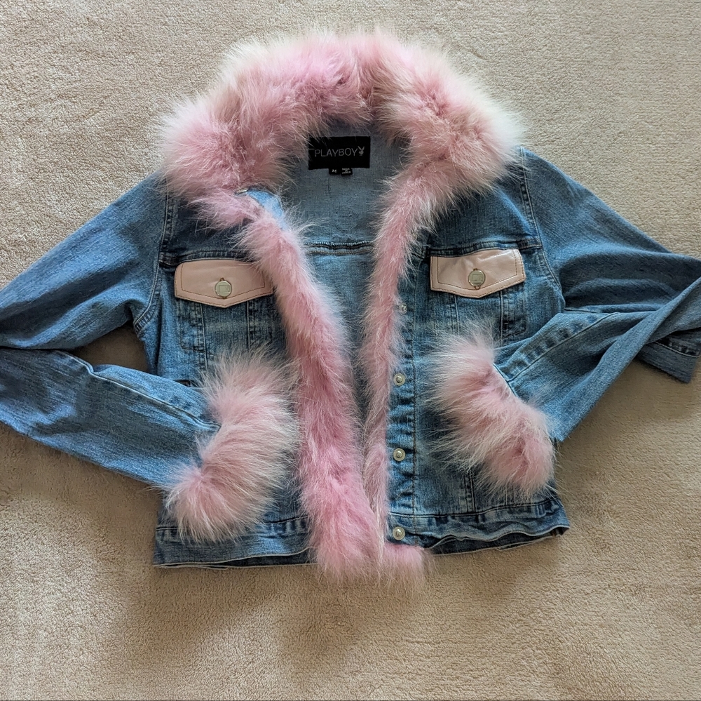 Denim Jacket with Pink Faux Fur Trim